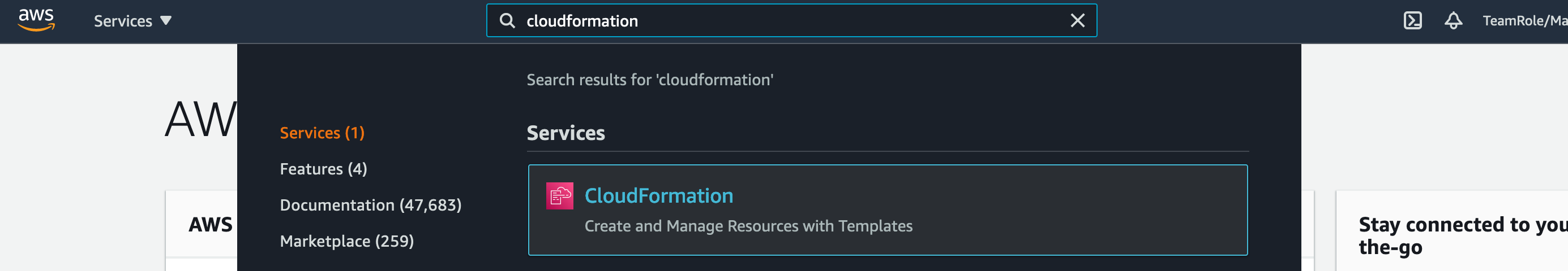 AWS Console Screenshot: Search for CloudFormation