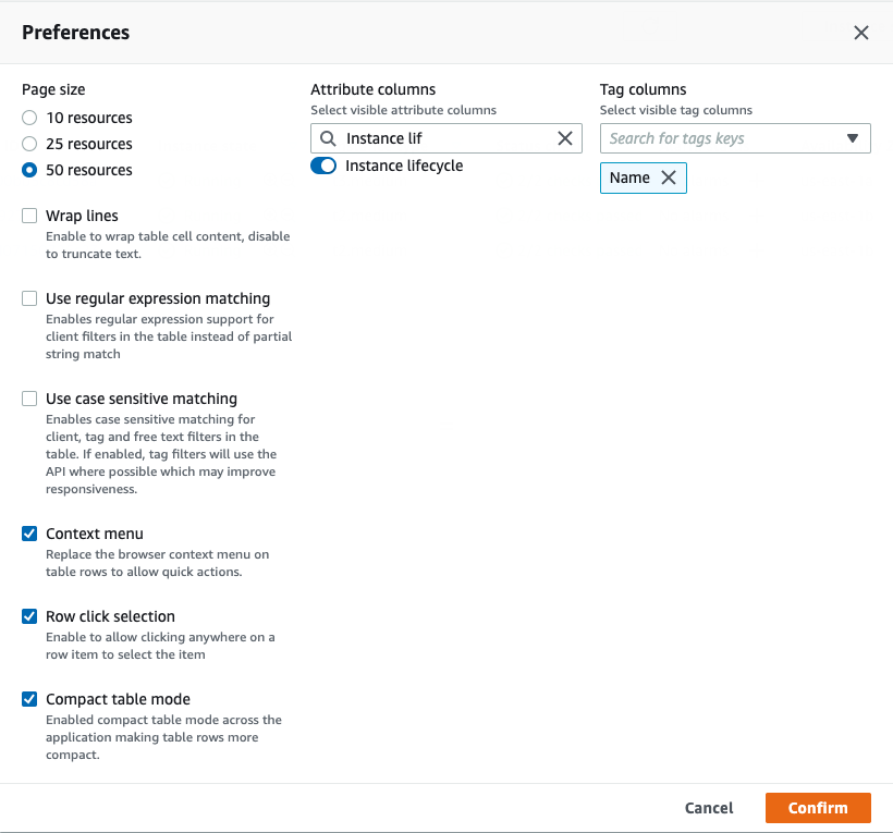 EC2 Console Screenshot: Instance list preferences